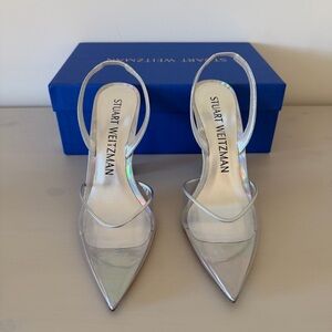 NIB Stuart Weitzman Pointed Toe Slingback Pumps Size EU38/US7.5 Silver